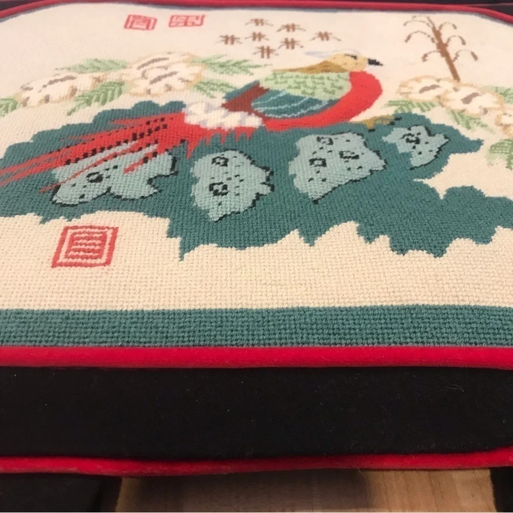 Vintage Needlepoint Oriental Asian Bird Floral Nature Scene Art Wall Decor